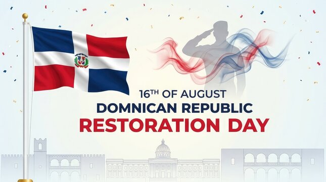 16th of August Dominican Republic Restoration Day banner with waving flag and city silhouette