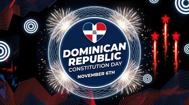 Dominican Republic Constitution Day November 6th emblem badge with flag and fireworks