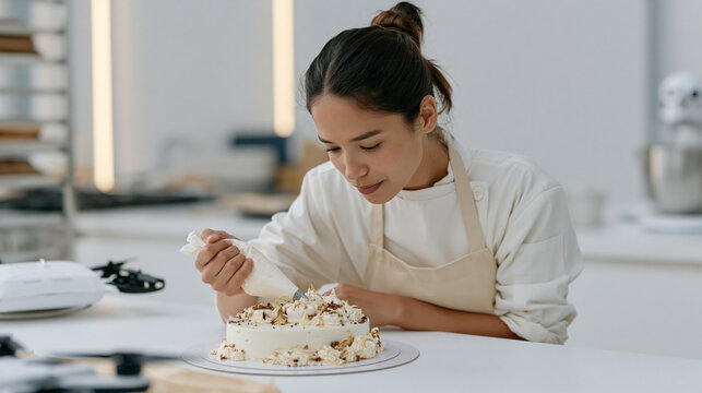 Pastry chef piping intricate decorations on a showpiece cake inside a minimalist studio kitchen, autonomous drone delivery packaging visible on the counter awaiting dispatch,