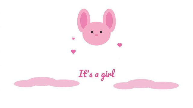 Baby girl announcement featuring three pink bunny heads with floating