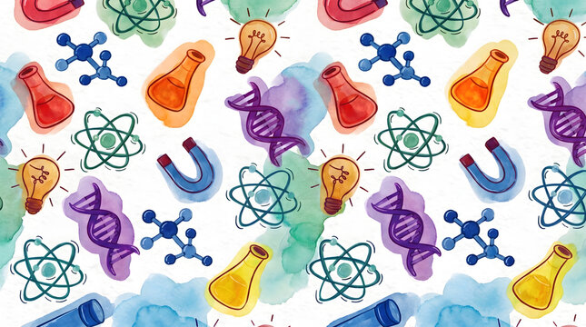 Science and education seamless pattern with chemistry and physics elements, water color illustration abstract