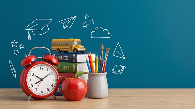 Back to school concept with red alarm clock, stack of textbooks, yellow bus and apple. Education background with school supplies.