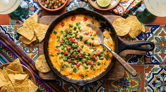 Delicious cheesy dip served in a cast iron skillet with tortilla chips and salsa, perfect for parties.