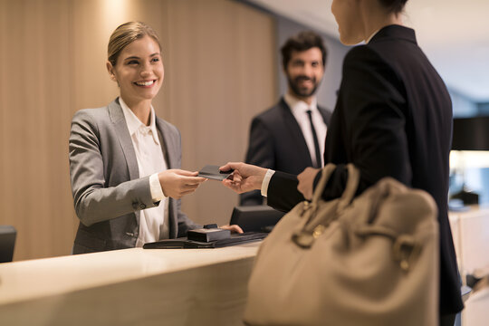 The hotel receptionist is providing service for a guest during the check-in process