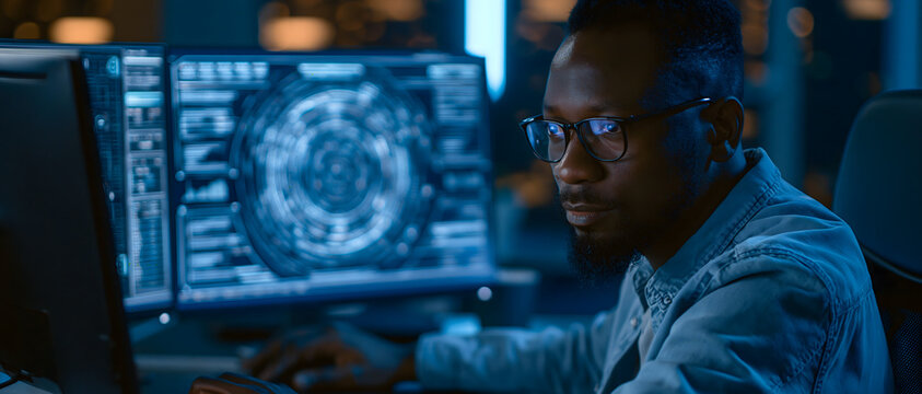Analyst Working with Futuristic Cybersecurity Data Interface