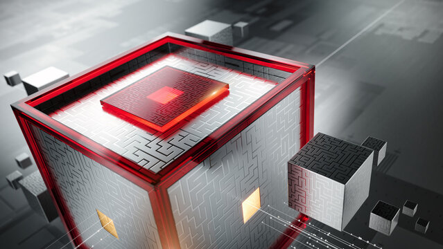 Abstract geometric blocks, AI systems, business finance, digital infrastructure concept. 3D cube abstract geometric blocks- technology and blockchain network