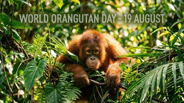 World Orangutan Day 19 August ape resting on log in lush jungle foliage