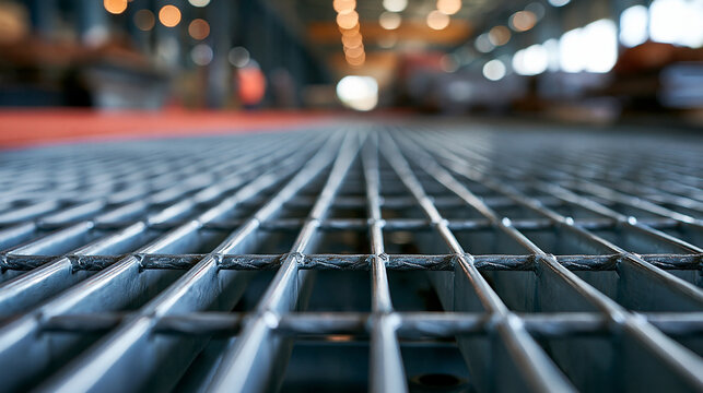 Heavy steel grating platform used in an industrial facility, realistic parallel load-bearing bars and crossbars, clean but slightly worn galvanized surface, maintenance walkway