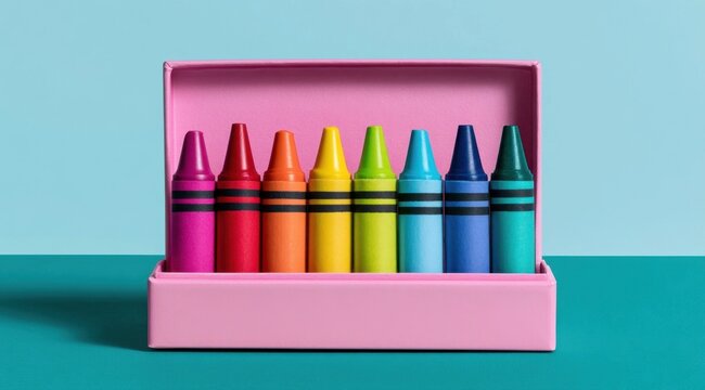 Open pink box of colorful wax crayons on turquoise surface