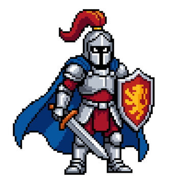 Pixel Art Knight Standing in Full Metal Armor with a Shield and Sword for Fantasy Role Playing Games and Retro Video Game Character Assets