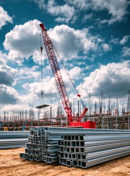 Red construction crane operating at a bustling building site with steel beams and cloudy sky