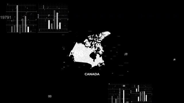 Canada map animation showcasing economy, infrastructure, technology, population, energy, trade, and national development data for presentations, films, documentaries, and motion graphics.