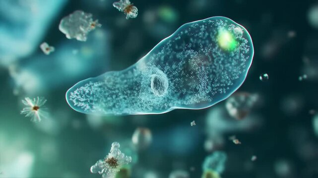 Microscopic single celled organism swimming through watery environment with glowing