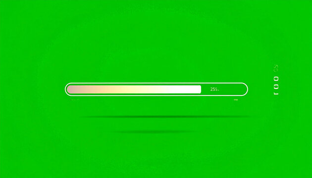 Futuristic progress bar interface with 25% loading indicator and subtle digital elements on a vibrant green screen background, ideal for technology and data concepts