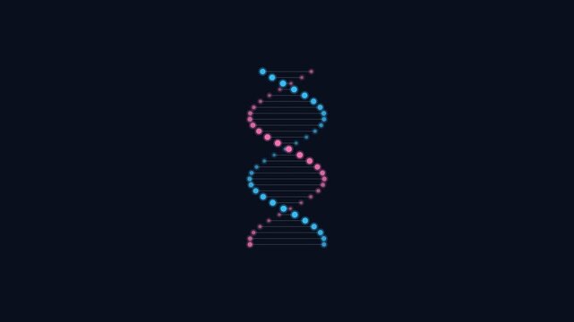 Minimalistic illustration of a DNA double helix made of blue and pink dots on a black background, centered in the frame with no additional elements.