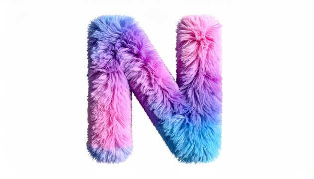 Fluffy fur‑textured letter N with pink, purple, blue gradient on white background, playful tactile typography design.