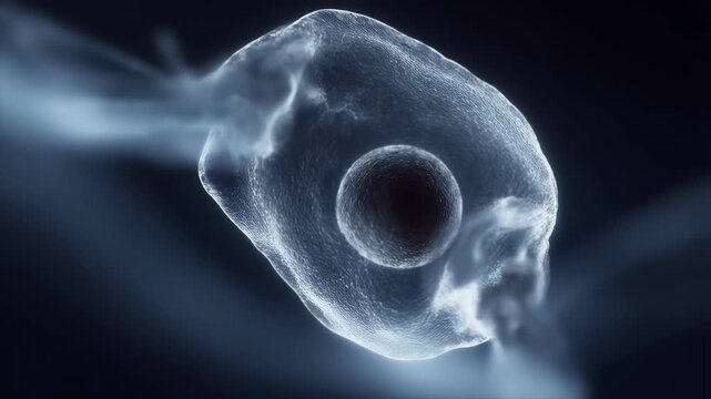 Microscopic single celled organism swimming through dark blue watery background