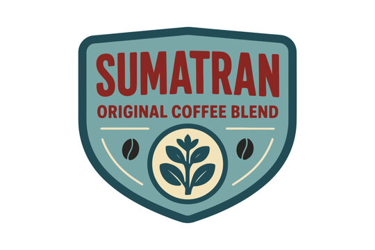 Vintage badge featuring sumatran original coffee blend. Retro brand label with logo and isolated shield emblem. Vector asset for beverage packaging.