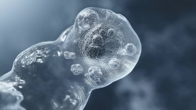 Microscopic single celled organism exhibiting dynamic movement and structural detail under blue