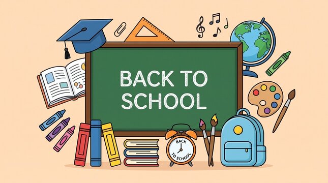 Back to school banner with chalkboard and supplies. Educational background with backpack, books, and art tools. School classroom illustration.