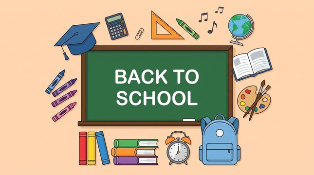 Back to school banner with chalkboard and supplies. Educational background featuring books, backpack, and stationery. Classroom learning concept.