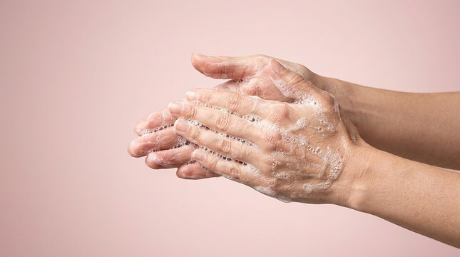 Close up of woman's hands washing with soap and water creating foam bubbles for hygiene and cleanliness promoting healthy handwashing technique with soft lighting.