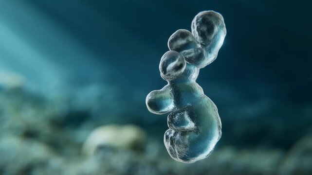 Microscopic single celled organism swimming through translucent watery depths with under soft blue