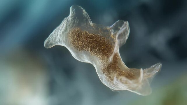 Microscopic single celled organism swimming with translucent body with undulating through fluid
