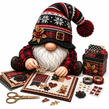 A cozy gnome with a festive hat decorates a scrapbook page with patterned paper, flowers, and hearts, surrounded by craft supplies and a matching gift box.