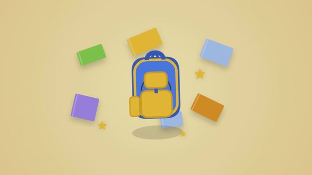 Colorful school backpack floating with educational books in a smooth digital animation motion video sequence