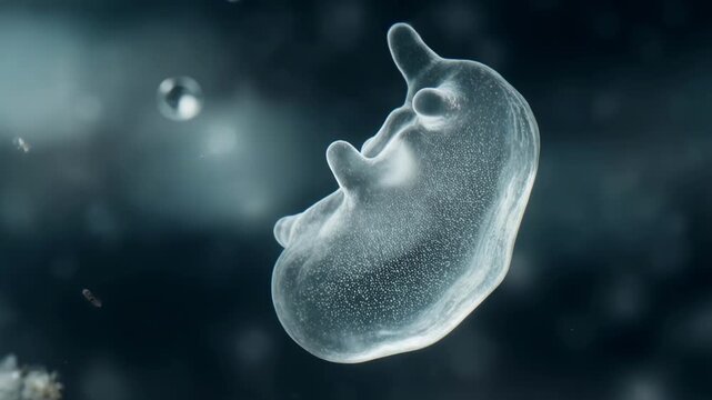 Microscopic single celled organism swimming through dark fluid environment with glowing particles