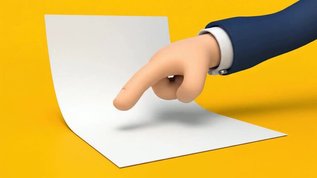 3D Animated Hand Pointing to Blank White Paper on Yellow Background