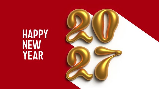 Horizontal 4K video. Animation with text Happy New Year and glossy golden shining shiny liquid bright hand drawn 3D numbers 2027 with snow white long shadow on red background.