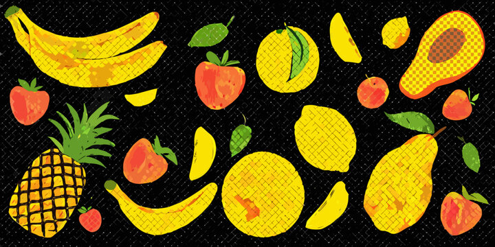 Hand drawn style fruits including bananas lemon and pineapple on black