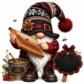 A gnome in a festive knit hat holds a honeycomb, surrounded by bees, a honey pot, flowers, and a decorative blank chalkboard sign.