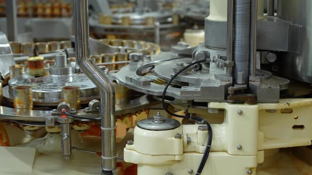 Automated Canning Process, A close-up perspective of a streamlined, automated canning line, showcasing a series of fresh produce cans being efficiently filled and sealed in modern facility