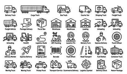 Fototapeta premium Truck Delivery Line Icons Set with Courier Logistics and Transport Symbols