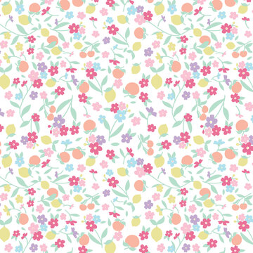Delicate floral pattern with small fruit elements in pastel colors on white background