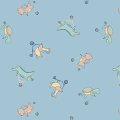 Obraz premium Whimsical cartoon animals riding scooters on a pastel blue background seamless pattern