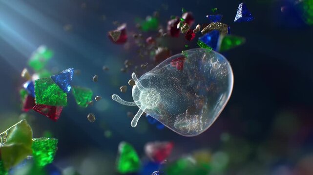 Microscopic amoeba proteus swimming through colorful floating particles in water