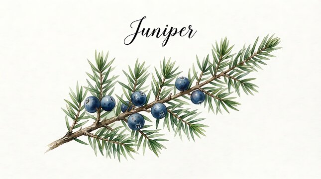 Watercolor of a juniper branch with dark blue berries and green needle-like leaves, isolated on a textured white background