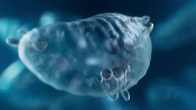 Microscopic single celled organism swimming through translucent blue watery background