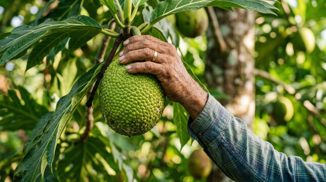 Hand harvesting ripe green breadfruit from tree in tropical orchard