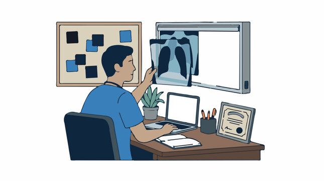 Medical professional examining lung x-ray image on light box at desk with laptop and plant, flat design vector illustration