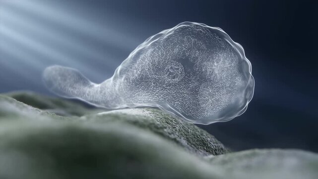 Microscopic single celled organism gliding over textured surface in high detail underwater scene