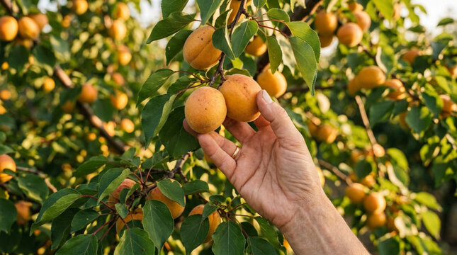 Hand picking ripe apricots from a tree in an orchard during golden hour, summer harvest
