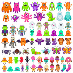 Fototapeta premium Large collection of cute cartoon monsters, funny creature characters, colorful vector set, isolated, printable elements for kids isolated on White Background halloween vector SVG