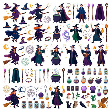 Witchcraft and magic icons set. Witches casting spells, wizards with staffs, potions, and magical artifacts vector collection. isolated on White Background halloween vector SVG