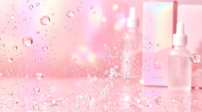 キラめく水しぶきとピンクの光が弾ける韓国コスメ風シズル背景