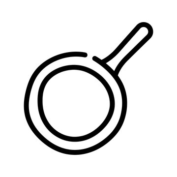 Angled black outline frying pan icon with handle kitchen cooking implement.